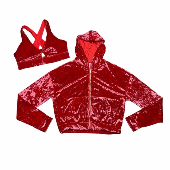 Fabletics Strawberry Red Crushed Velour Sports Bra & Cropped Hoodie - S & XS - Picture 8 of 16